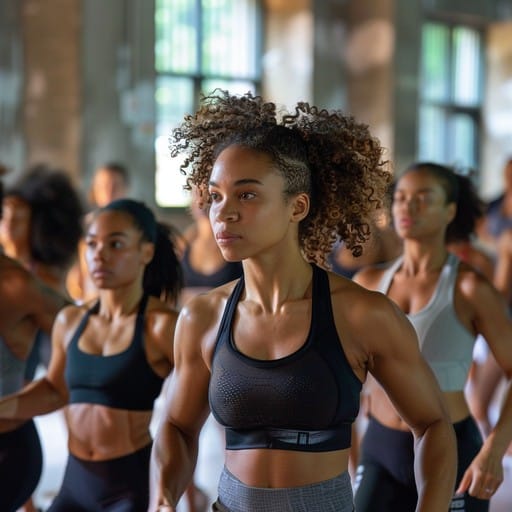 Women training together in a group fitness class, the woman in front focused mid-workout